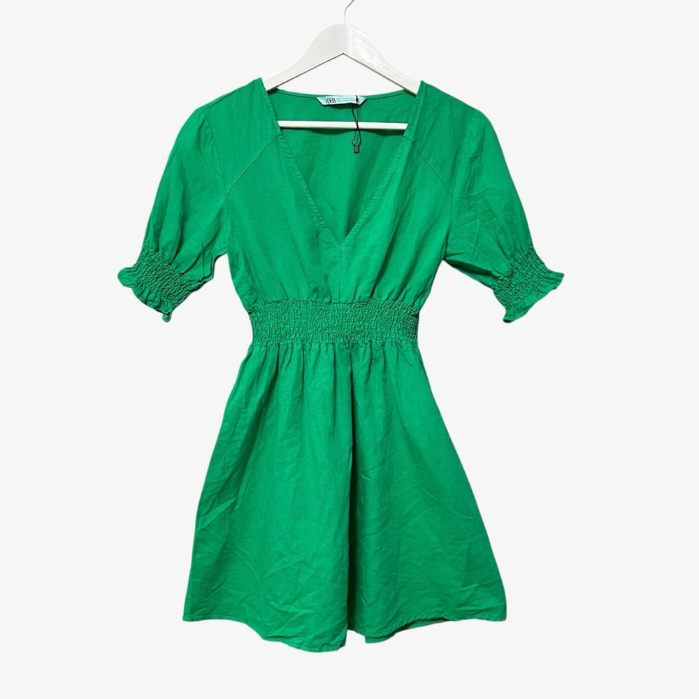Zara Smocked Waist V-neck Mini Dress Size Small Emerald Green Linen Cotton
